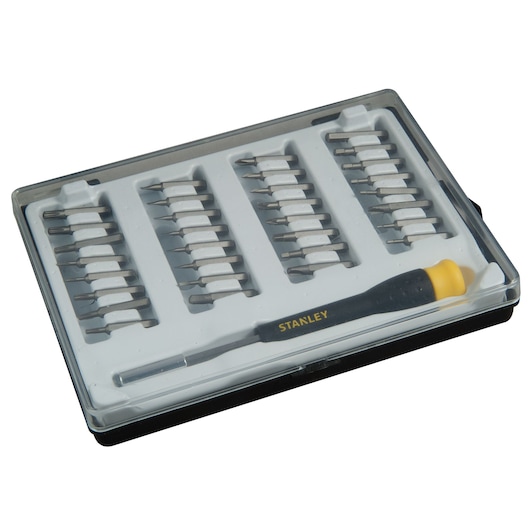Stanley screwdriver set with interchangeable bits in a plastic storage case.
