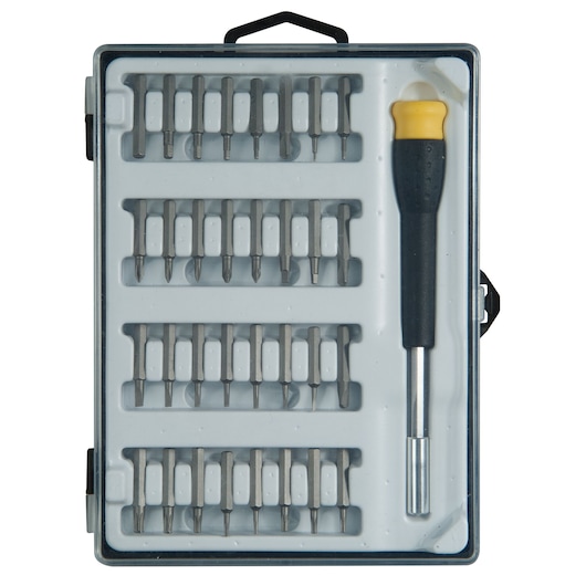 STANLEY STHT0-62634 screwdriver bit set with handle in clear plastic case, top view.