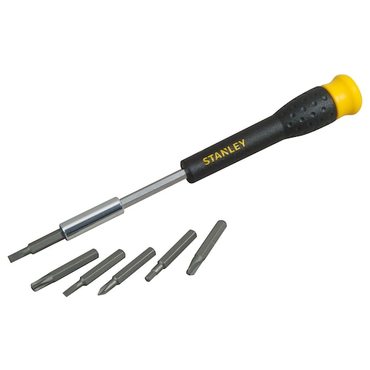 Stanley precision screwdriver with black handle and yellow end, shown with six interchangeable bits.