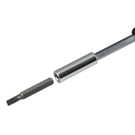 Close-up of a STANLEY interchangeable screwdriver with a removable flathead bit beside the handle.