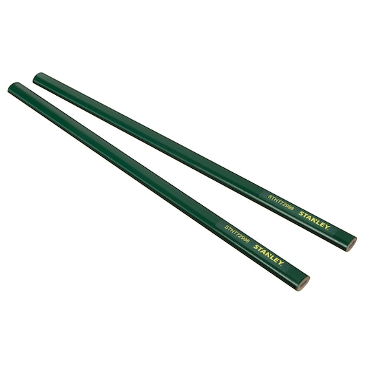Two green STANLEY carpenter pencils, STHT0-72998, placed parallel on a white background.