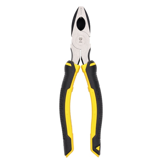 STANLEY STHT0-74454 combination pliers, yellow and black handle, front view on white background.