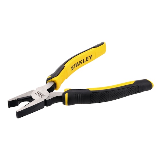 Stanley pliers with yellow and black handles and steel jaws on a white background.