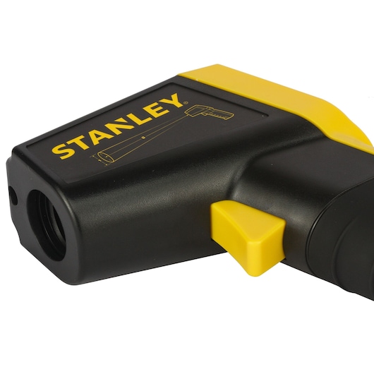 STANLEY STHT0-77365 digital laser measurer, black and yellow, side angle product photo.
