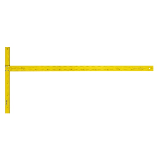 STANLEY STHT1-05894 yellow T-square ruler, top view, with metric markings, photography on white background.