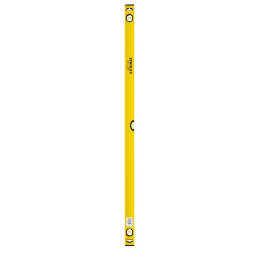 STANLEY STHT1-43106 yellow spirit level, front angle, three vials, long rectangular shape.