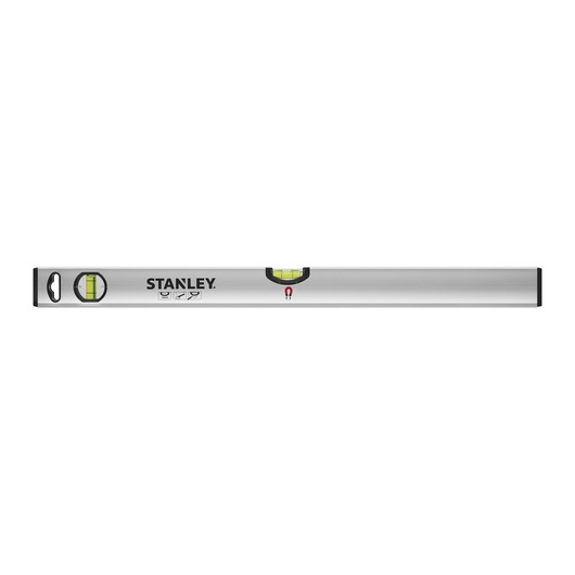 STANLEY STHT1-43111 spirit level, silver, front angle, with integrated vials and black end caps.