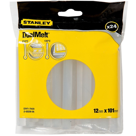 Photo of STANLEY STHT1-70429 DualMelt glue sticks pack, 24 clear sticks, 12mm x 101mm, front view.