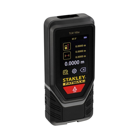 STANLEY SKU STHT1-77142 laser distance measurer FATMAX, black and yellow, angled view on white background.