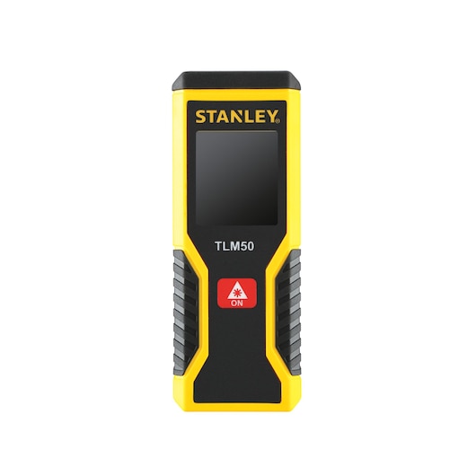 STANLEY STHT1-77409 laser distance measurer, yellow and black, front view on white background.