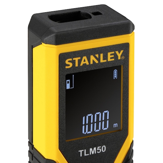 STANLEY TLM50 laser distance measurer SKU STHT1-77409 front angle, yellow and black with digital display.
