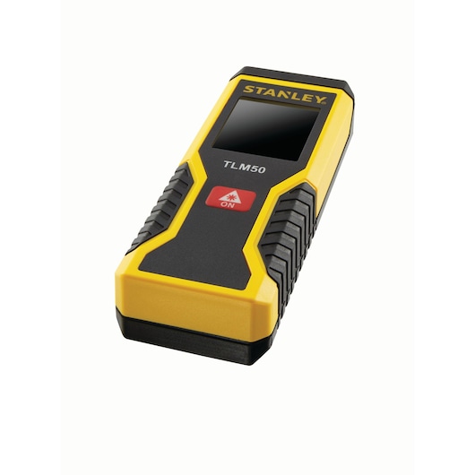 Stanley TLM50 laser distance measurer with a screen and ON button, black and yellow design.