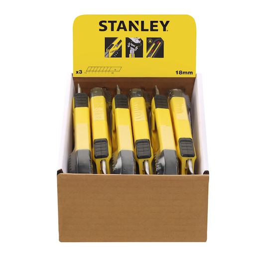 STANLEY STHT10266-1 yellow utility knives in a cardboard display box, front angle on white background.