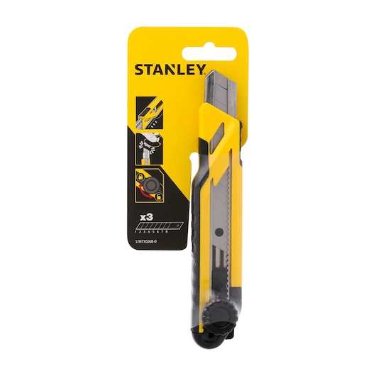 STANLEY STHT10268-0 utility knife, yellow and black, front angle photo with packaging.