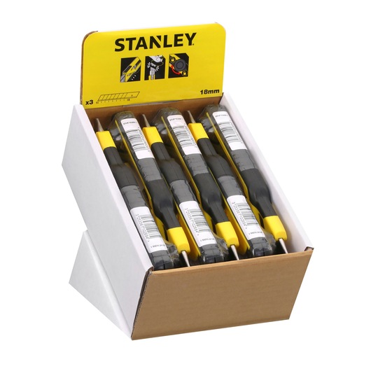 STANLEY STHT10268-1 utility knives in yellow retail display box, angled front view.