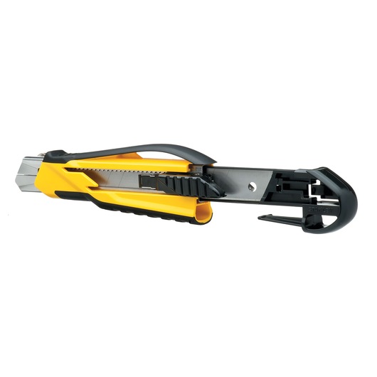 STANLEY STHT10270-0 utility knife with yellow and black handle, extended blade, side view on white background.
