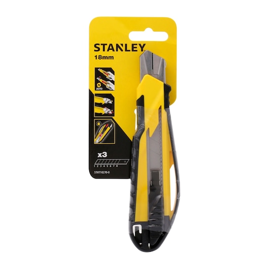 STANLEY STHT10270-0 utility knife 18mm, yellow and black, front packaging view.