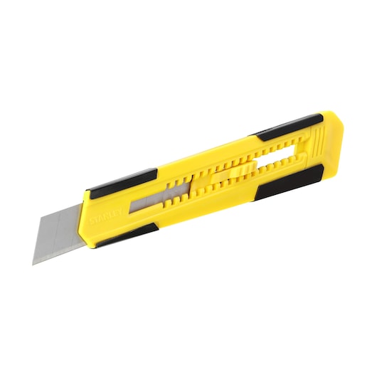 Photo of STANLEY STHT10345-0 yellow utility knife with black accents, left side angle on white background.