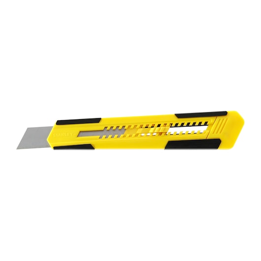 Yellow utility knife with retractable blade and black accents, suitable for cutting tasks.