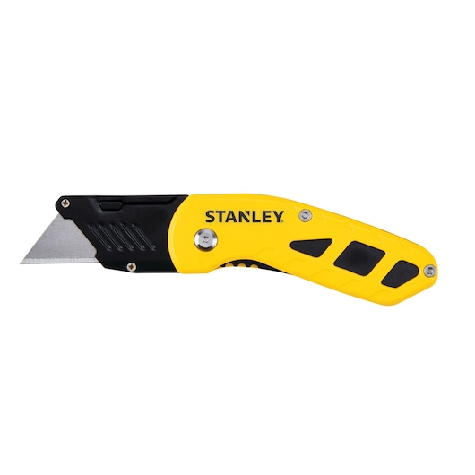 Stanley folding utility knife side view, yellow and black handle, exposed silver blade, on white background.
