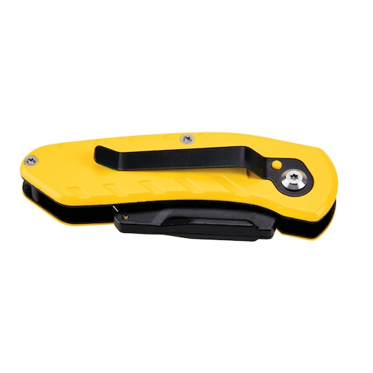 Stanley folding utility knife with yellow and black handle, side angle on white background.