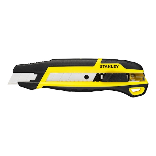 Photo of STANLEY STHT10501-0 snap-off utility knife, yellow and black, side view on white background.