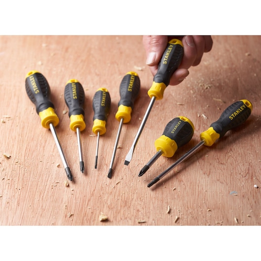 STANLEY STHT16146-0 screwdriver set with black and yellow handles on wood surface, photo from above.