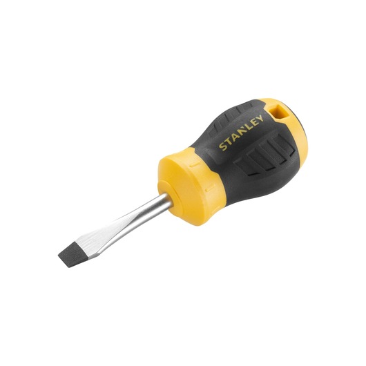 STANLEY STHT16147-0 stubby flathead screwdriver with yellow and black handle, angled view, product photography.