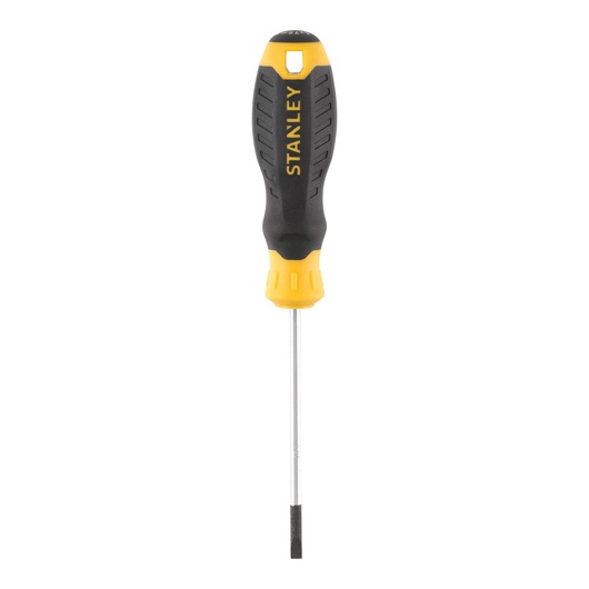 STANLEY STHT16152-0 flathead screwdriver front view, black and yellow handle, silver shaft.