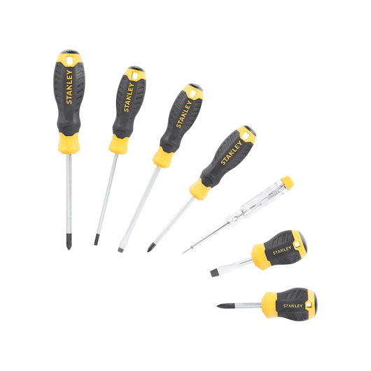 STANLEY STHT16166-0 screwdriver set, yellow and black handles, flat and Phillips types, top view