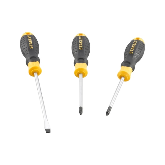 STANLEY STHT16168-0 screwdriver set with black and yellow handles, photography, front angle.
