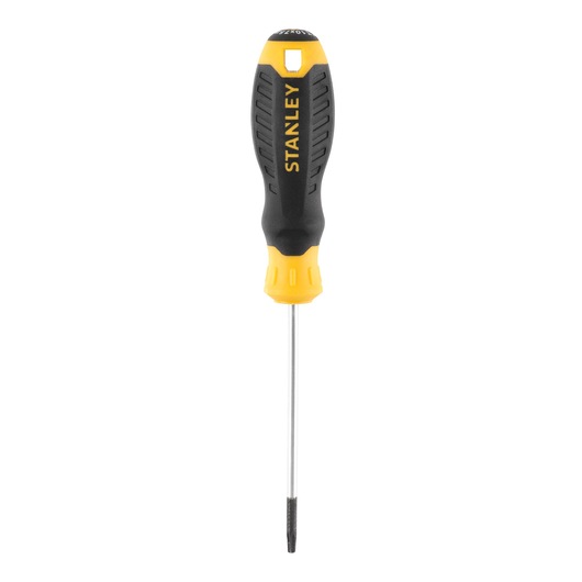 STANLEY STHT16177-0 screwdriver with black and yellow ergonomic handle, front angle on white background.