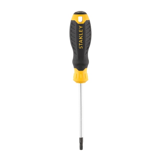 Photo of STANLEY STHT16181-0 screwdriver with black and yellow ergonomic handle, front angle, white background.