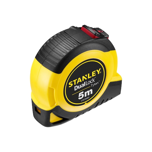 STANLEY STHT36803-0 DualLock 5m tape measure, yellow and black, left angle, on white background.