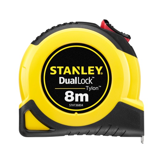 STANLEY STHT36804-0 tape measure, DualLock Tylon, 8m, yellow and black, front view, photography.