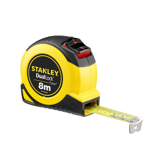 Photo of STANLEY STHT36804-0 DualLock Tylon 8m tape measure, yellow and black, side angle on white background.