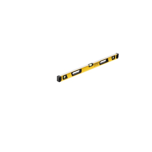 A yellow STANLEY spirit level tool with three bubble vials, designed for accurate leveling in construction and DIY projects.