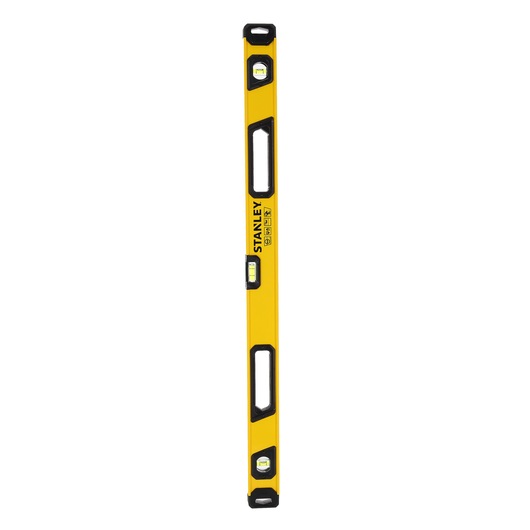 A yellow STANLEY spirit level with three vials and cut-out handles, designed for precise measurements and alignment tasks.