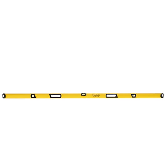 A yellow Stanley spirit level with black end caps and multiple bubble vials, designed for measuring horizontal and vertical alignment.