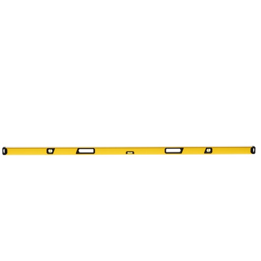 A long, yellow spirit level tool with multiple handles and bubble vials, used for checking horizontal and vertical alignment.