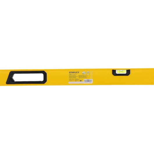 A yellow STANLEY spirit level with a black handle and vial for measuring horizontal alignment, shown against a white background.