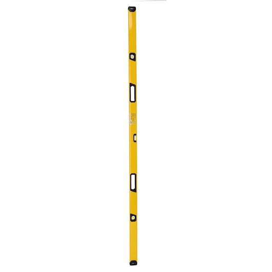 A long yellow spirit level tool with three bubble vials, black end caps, and ergonomic hand grips.