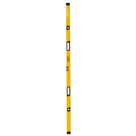 A long yellow spirit level with black end caps and three bubble vials, featuring two hand grips. The brand name 'STANLEY' is visible on the side.