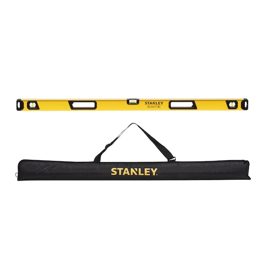 A STANLEY yellow spirit level with three vials and two hand grips, shown above a black carrying case with a handle and STANLEY logo in yellow.