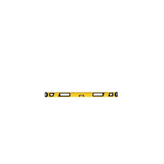 A yellow spirit level tool with black trim, photographed against a white background.
