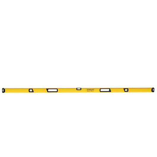 A yellow STANLEY spirit level with black details, featuring multiple vials for measuring horizontal and vertical alignment.
