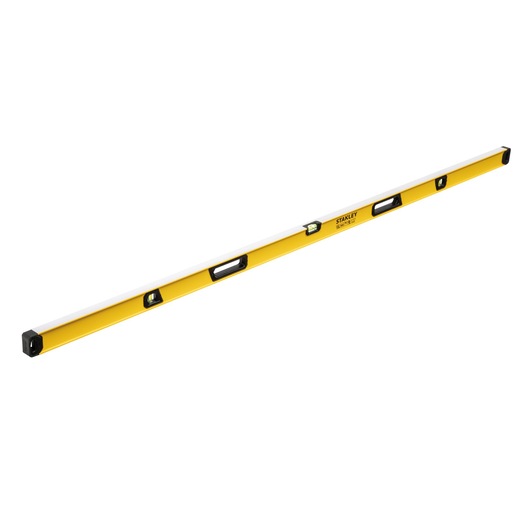 A yellow STANLEY spirit level with a long rectangular shape, featuring multiple bubble vials and handles.