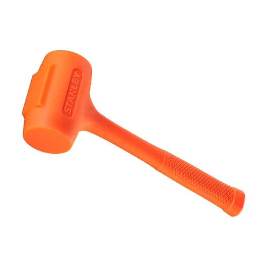 STANLEY STHT57534-0 orange dead blow hammer with textured grip, angled side view on white background.