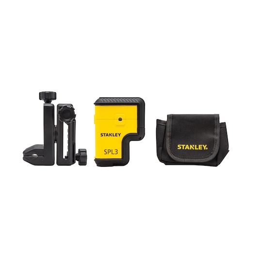 Stanley SPL3 laser level set with mounting bracket and black carrying pouch, displayed side by side.