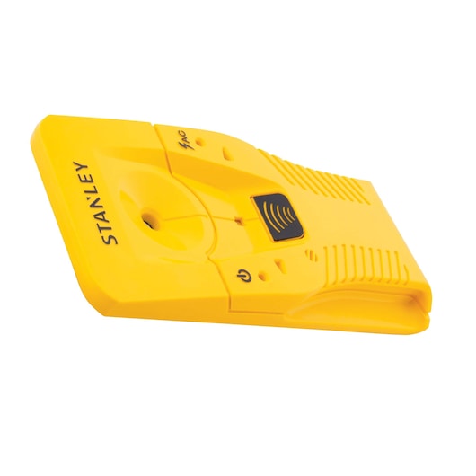 Stanley yellow stud finder angled view, with black logo, ridged grip, and visible power button, on white background